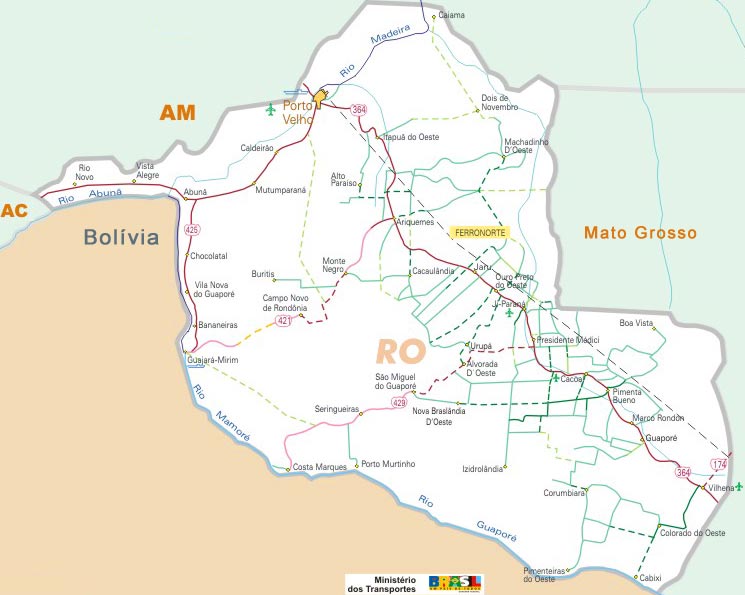 Mapa do estado de Rondônia com a divisão municipal e a distribuição da